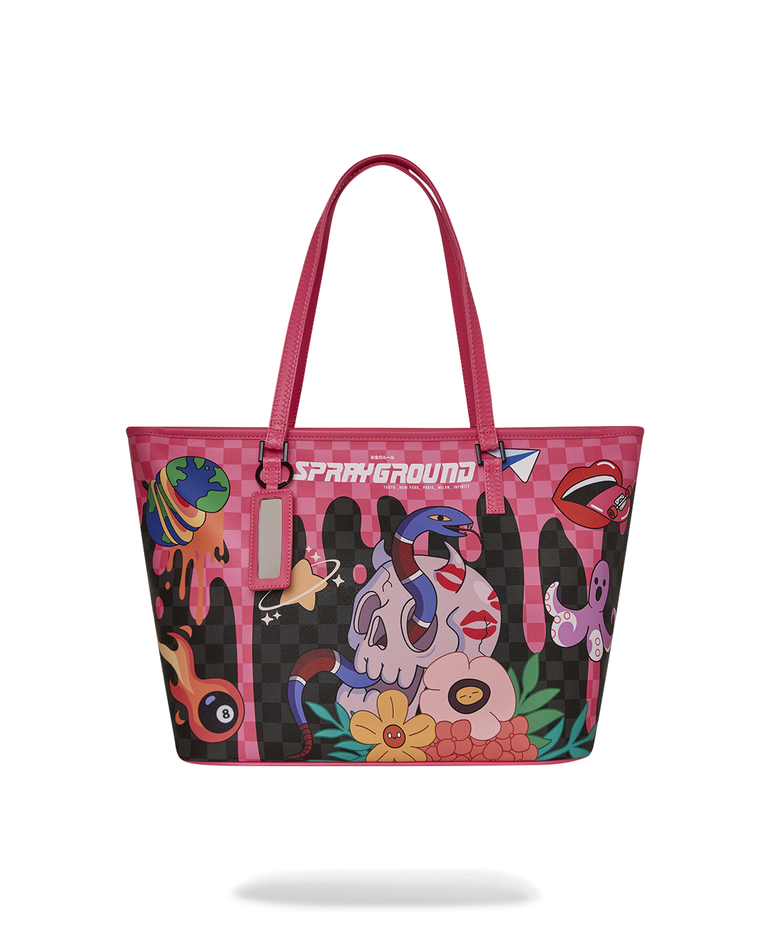 Front view of the HAPPY HANGRY tote bag with printed design and water-resistant fabric