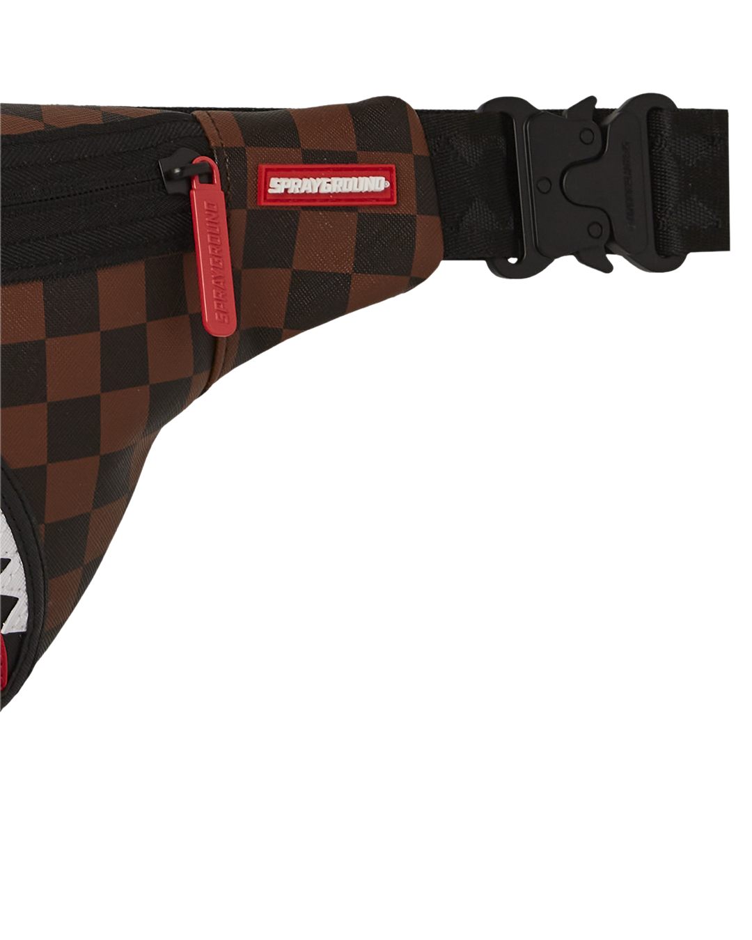 Close-up of faux leather texture and red zippered pocket