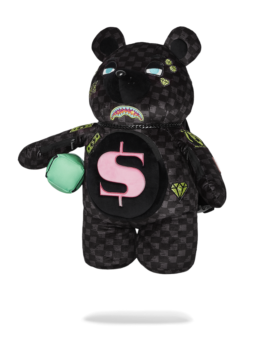 Side view highlighting the zippered arm pockets on the sprayground backpack money bear.