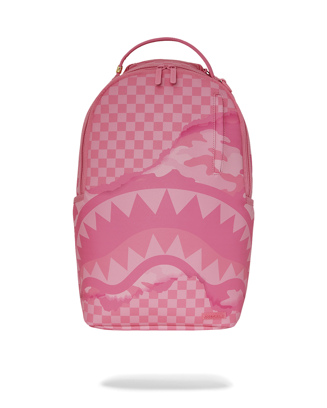 Front view of chic faux leather laptop backpack for women.
