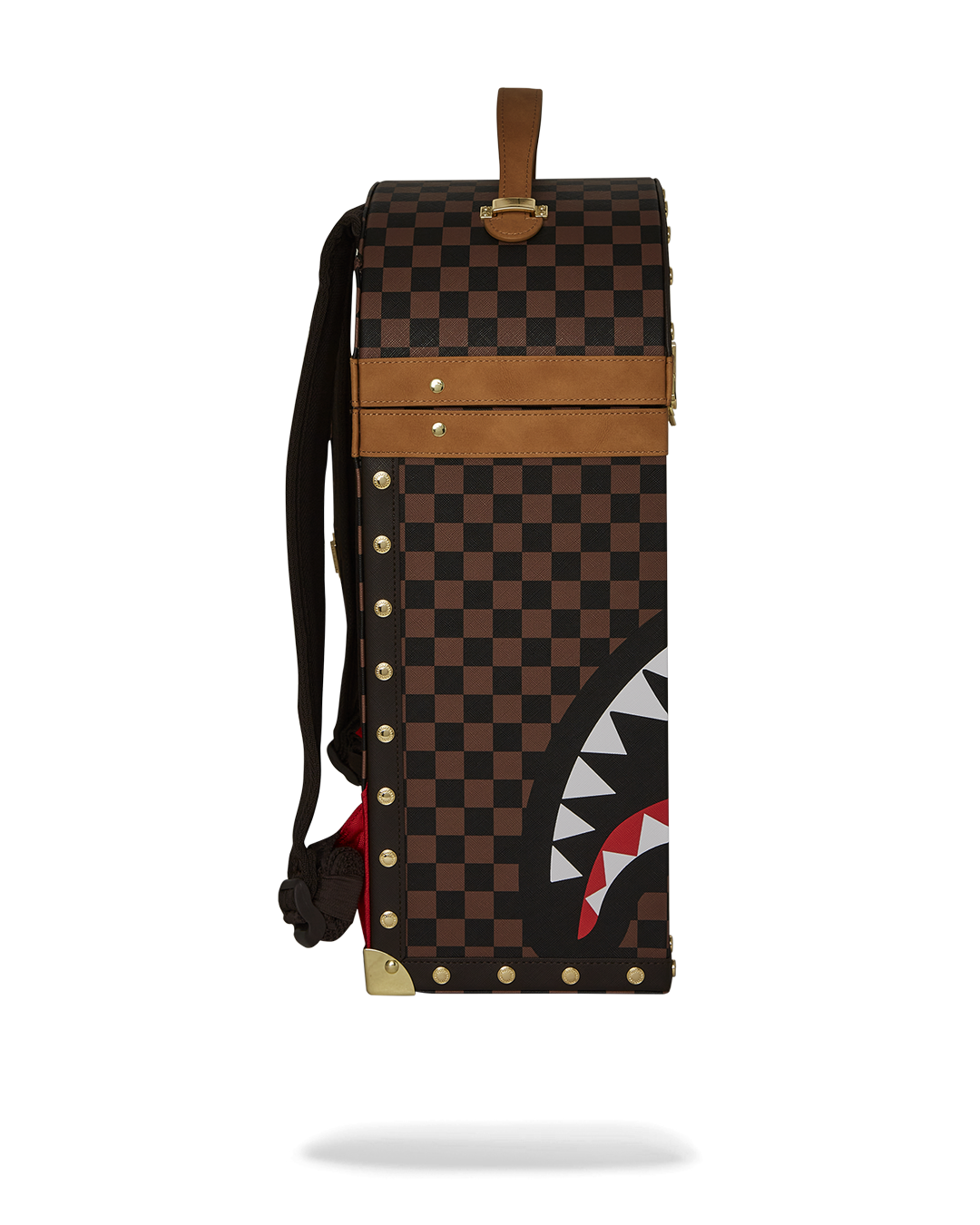 Side angle of small faux leather backpack showing PVC handle and durable shell