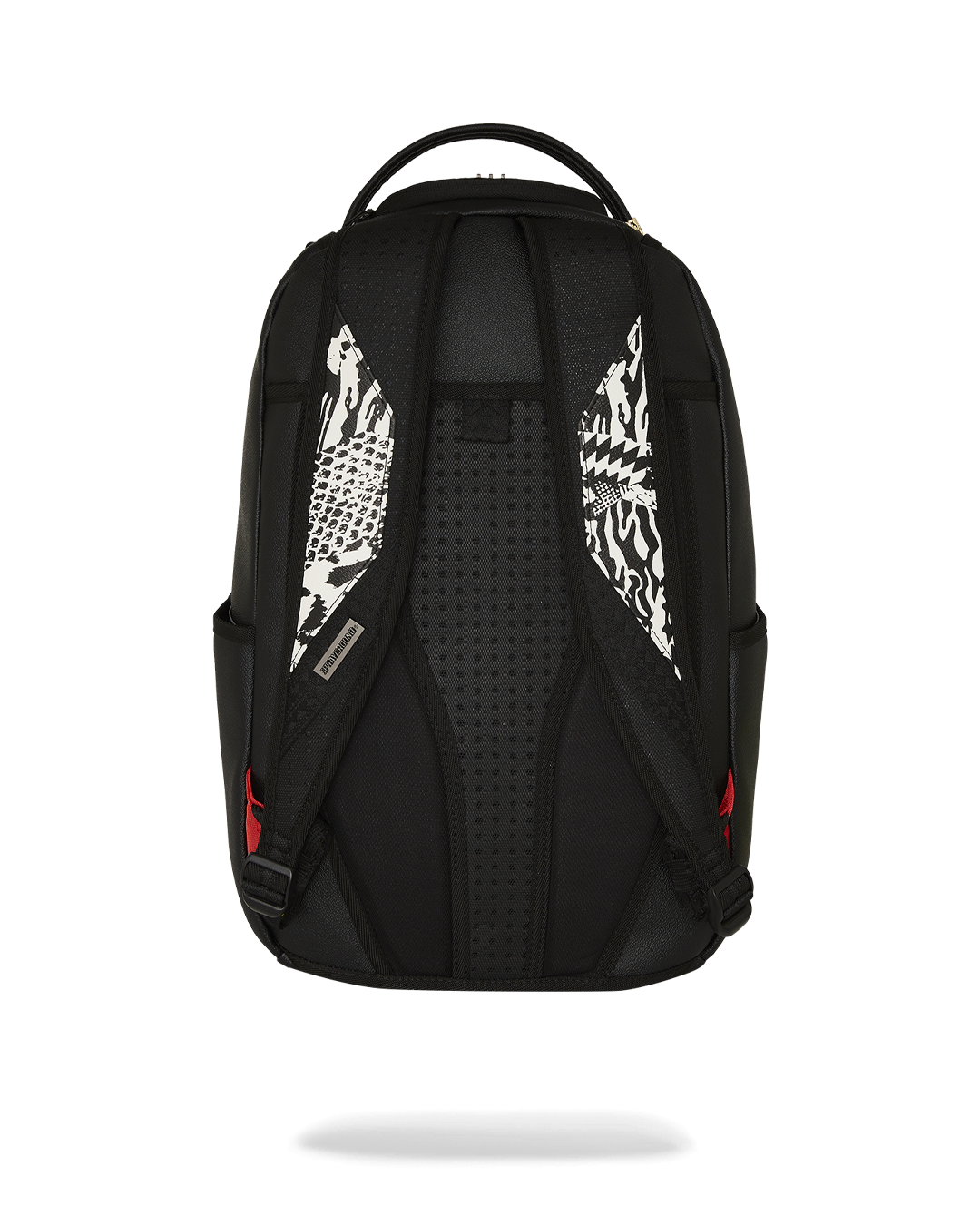 Close-up of the limited edition Sprayground backpack showcasing gold zippers and faux leather material