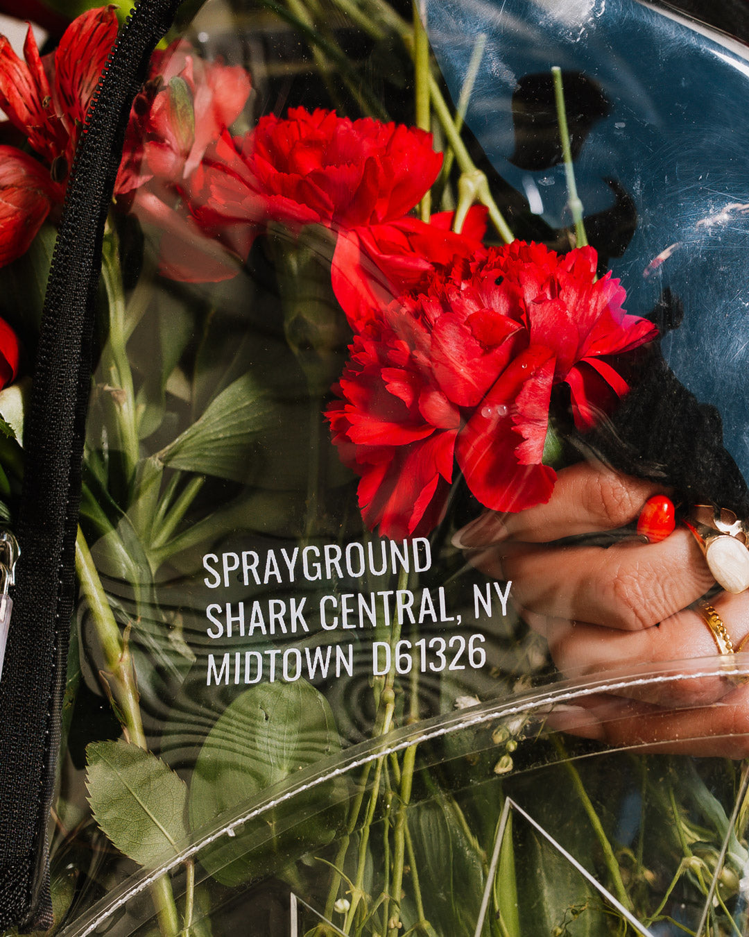 Close-up of the backpacks front zipper pocket and sharkmouth design.