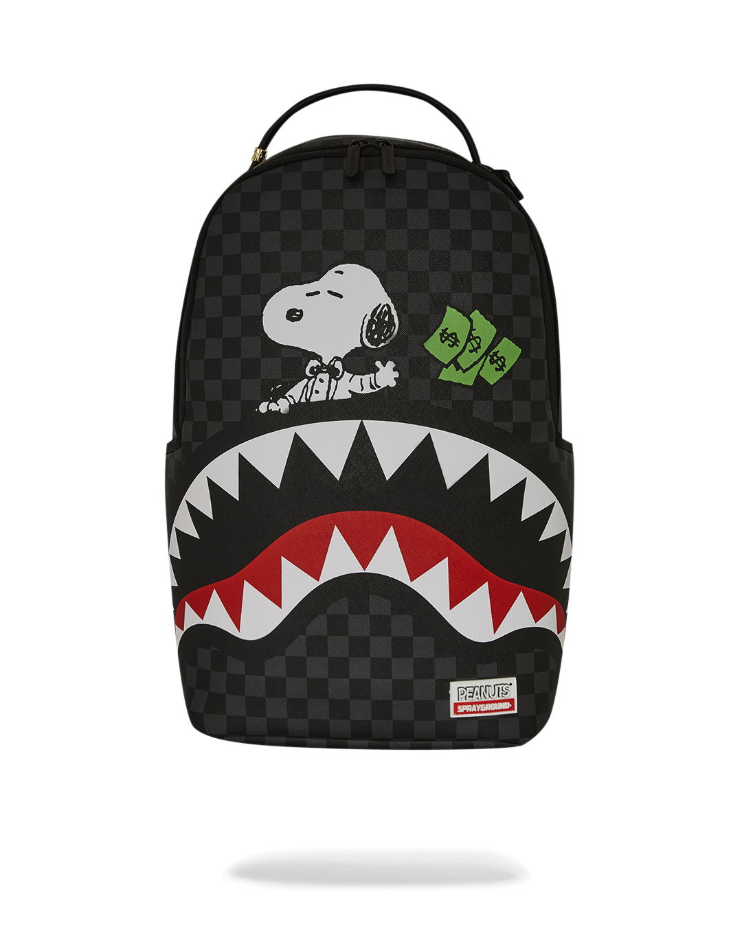Close-up of the faux leather Snoopy mini backpack with front and side pockets.