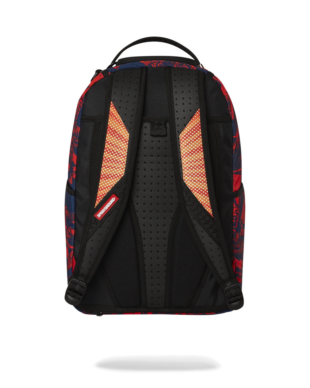 Close-up of Stan Lee artwork on pink Sprayground backpack with side pockets visible