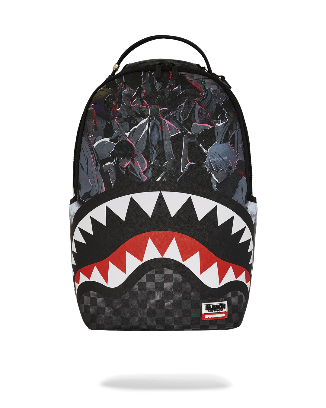 Close-up of DLXV backpack's BLEACH graphic and gold zippers