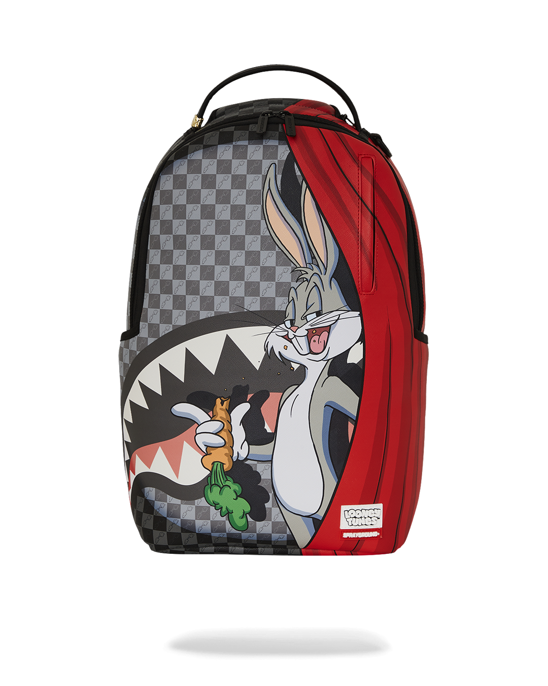 Front view of the Bugs Bunny faux leather mini backpack with zipper pockets.