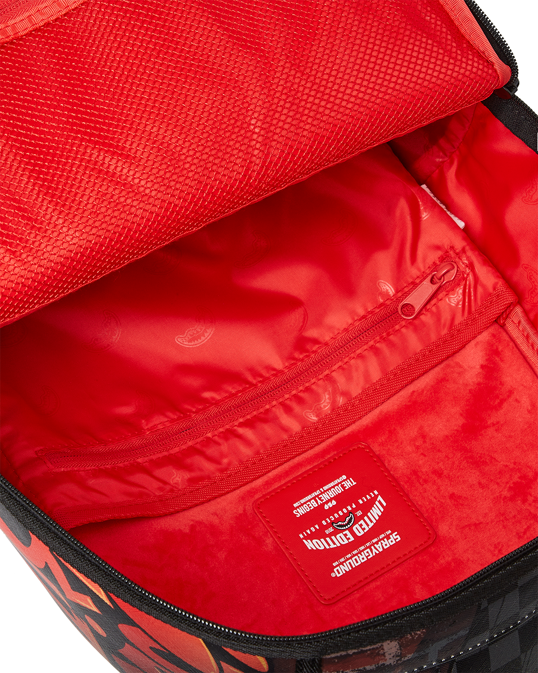 Interior layout of Sprayground Hey Arnold backpack showing laptop sleeve and mesh pocket