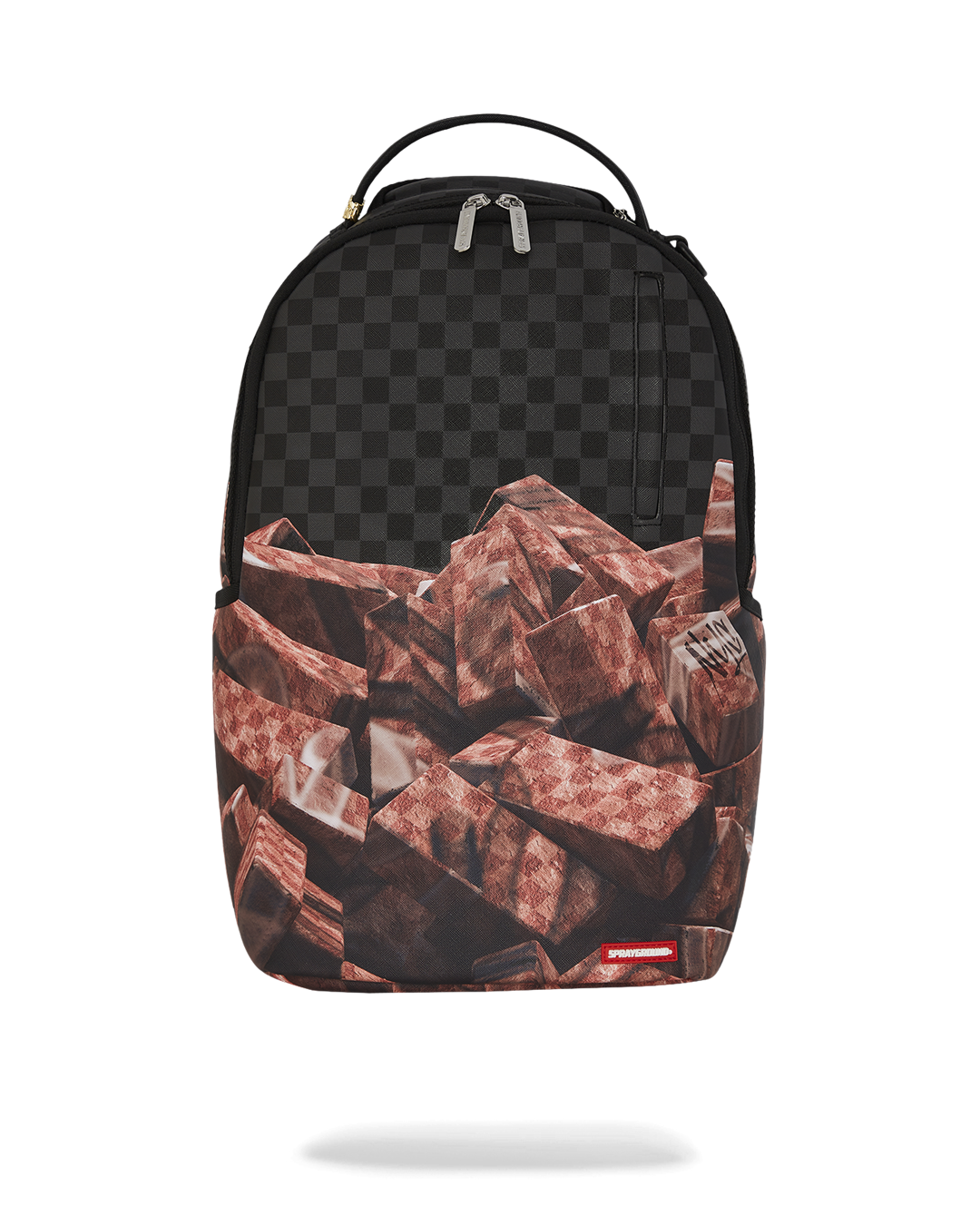 Faux leather backpack showcasing front zipper pocket and side pockets.
