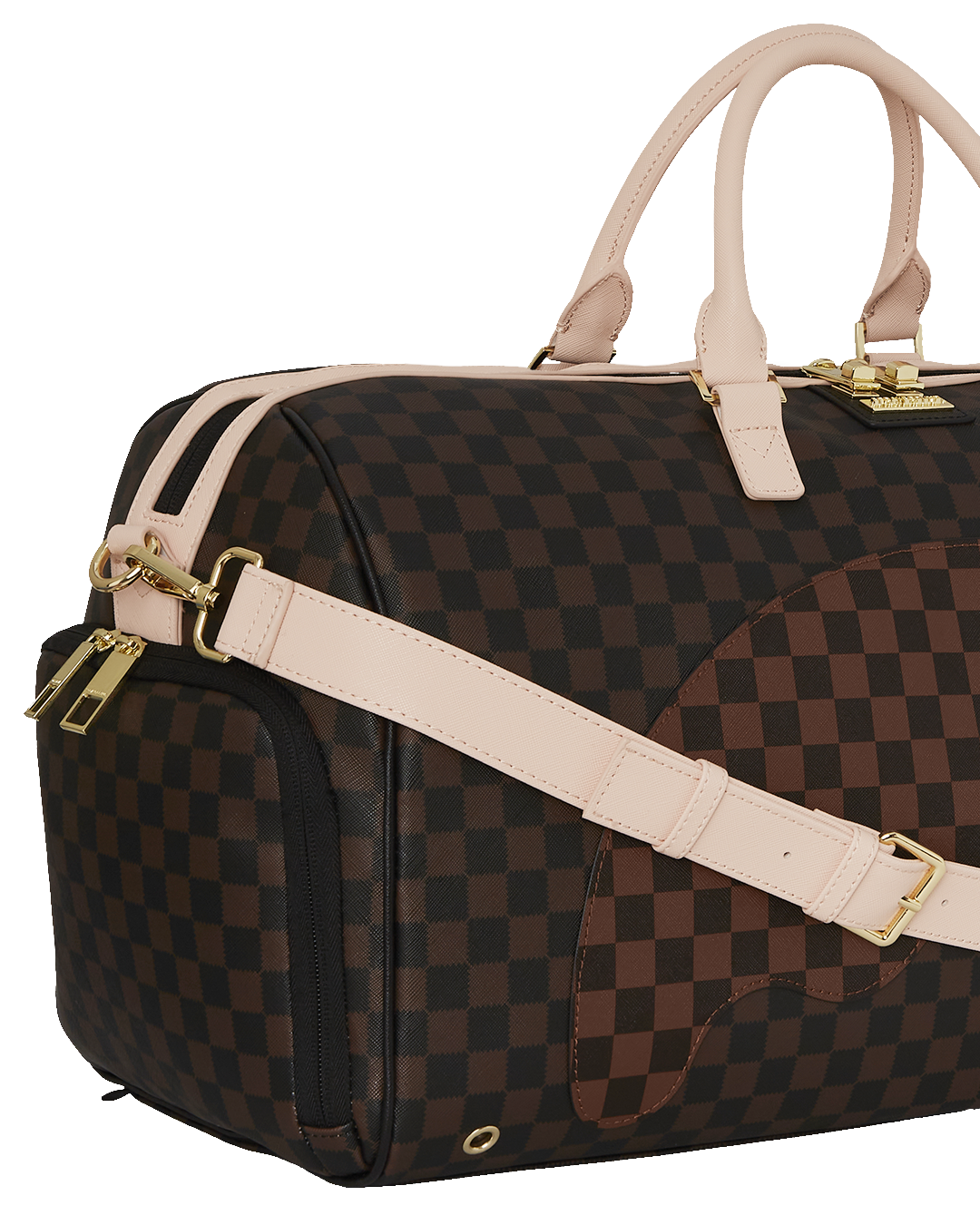 Front view of the faux leather rolling duffle bag in an outdoor setting.