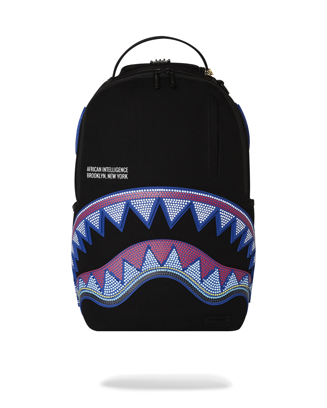 Front view of African Intelligence backpack with Sandflower collab patch