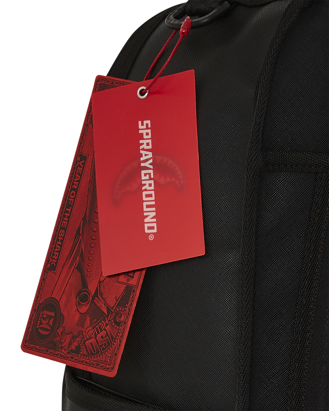 Sprayground Bubble Shark backpack front view, showcasing metallic TPU finish and embossed logo