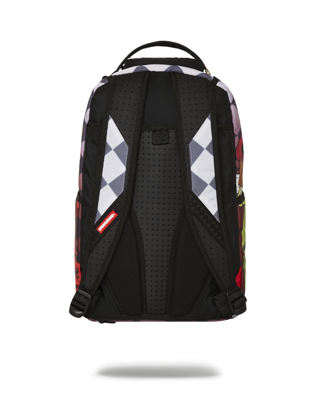 Front-facing view of the backpack FNAF design and gold hardware accents