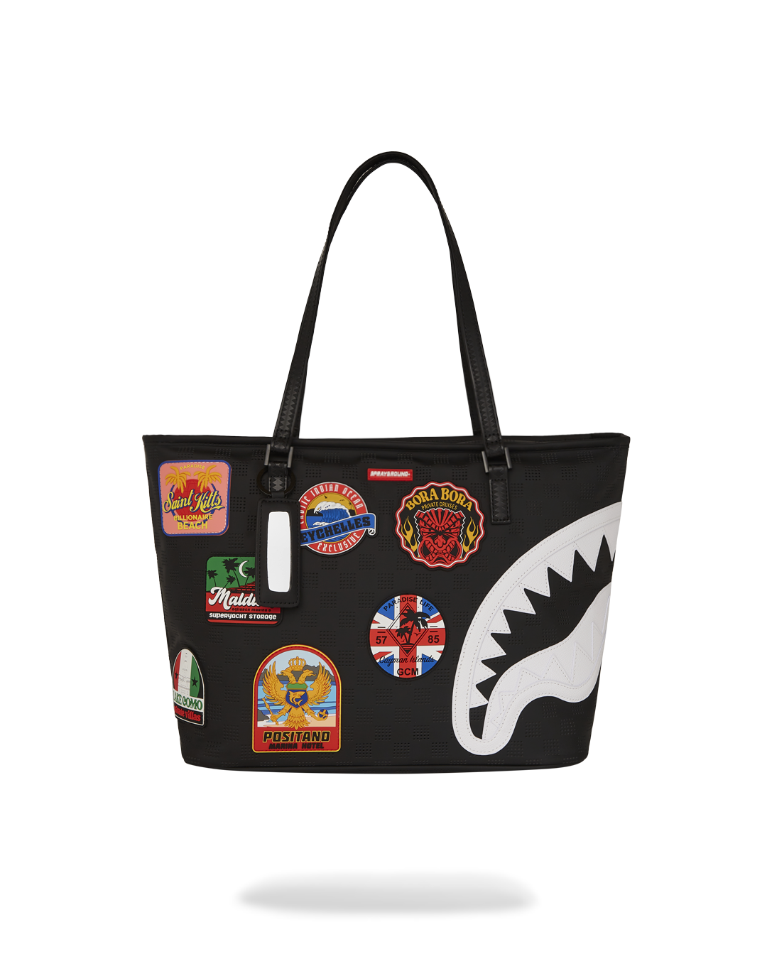 Front view of Sprayground designer tote with shark mouth print