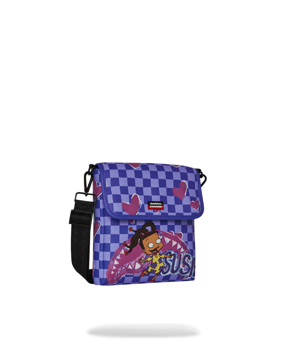 Front view of the stylish faux leather sling bag featuring Susie Crayon Shark design