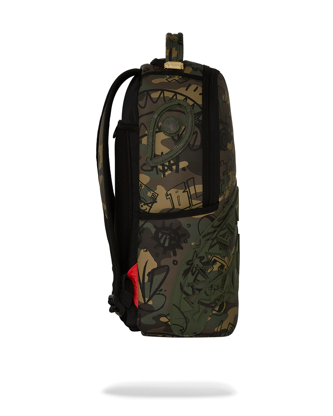 Side profile of the backpack showcasing storage pockets and gold zippers