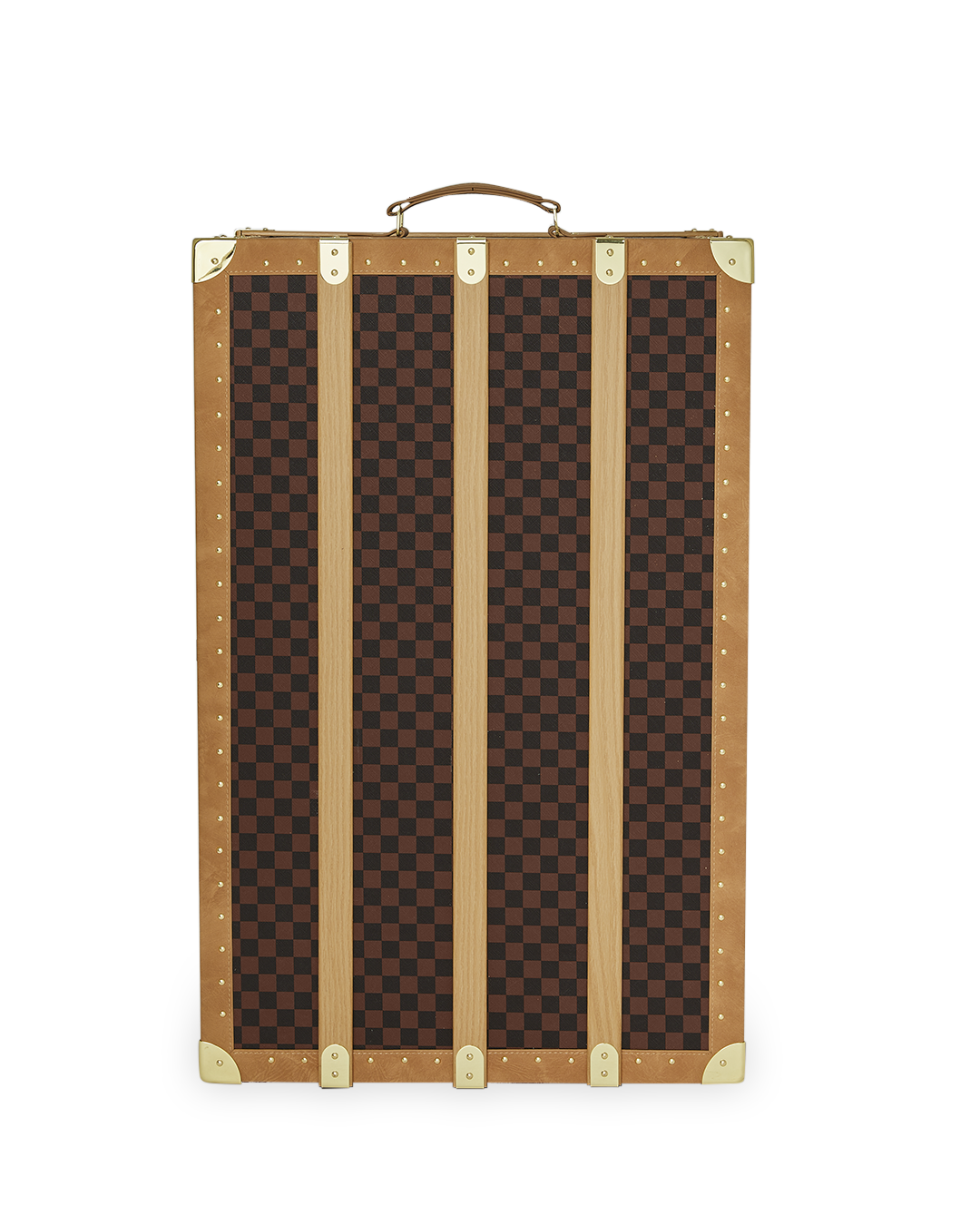Steamer Trunk Wardrobe with wheels and cut and sew detailing, ready for travel.