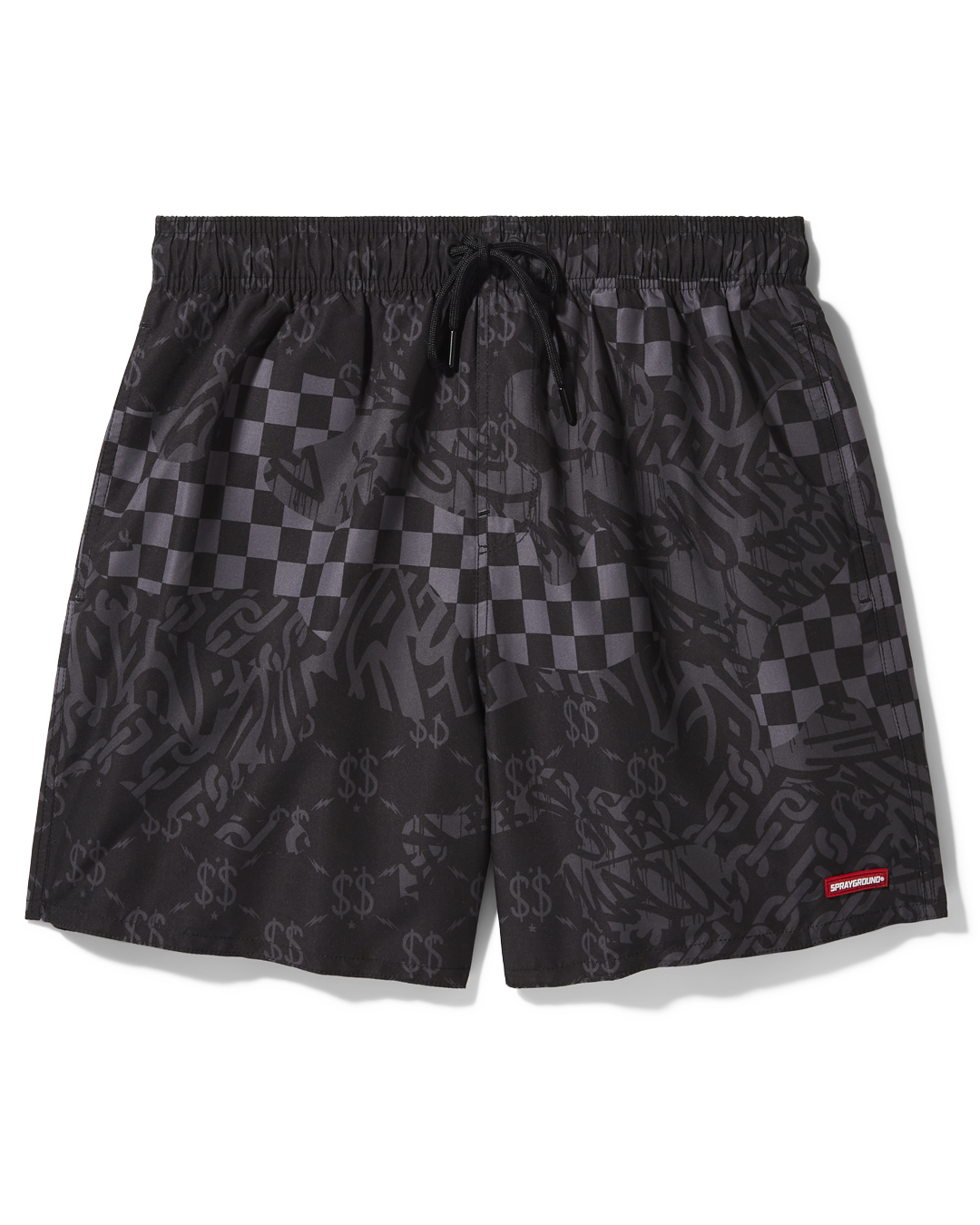 Men's check swim shorts showcasing 4-way stretch fabric on the beach