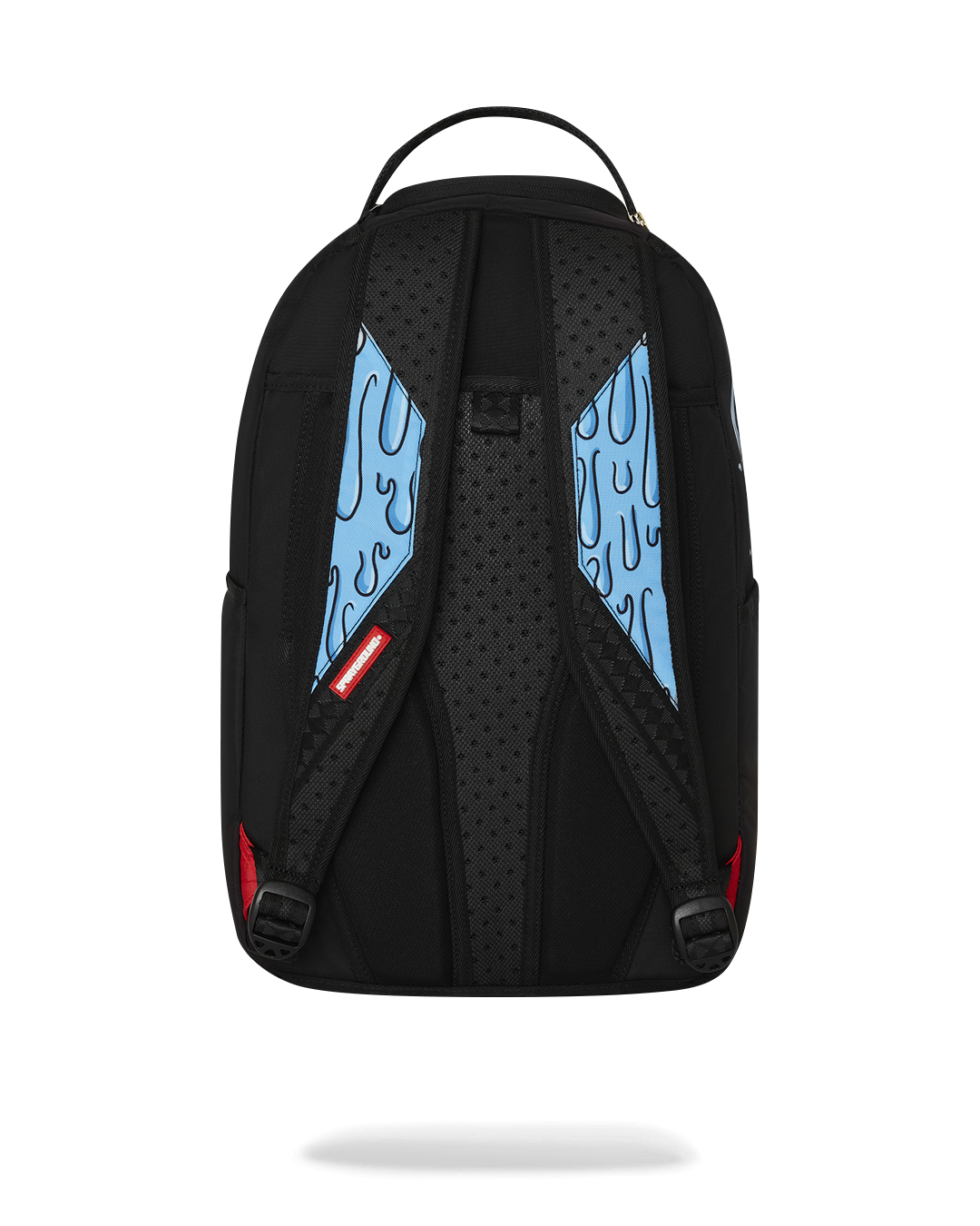 Close-up of the Mega Melt Shark Backpack with bold shark graphic and gold zippers