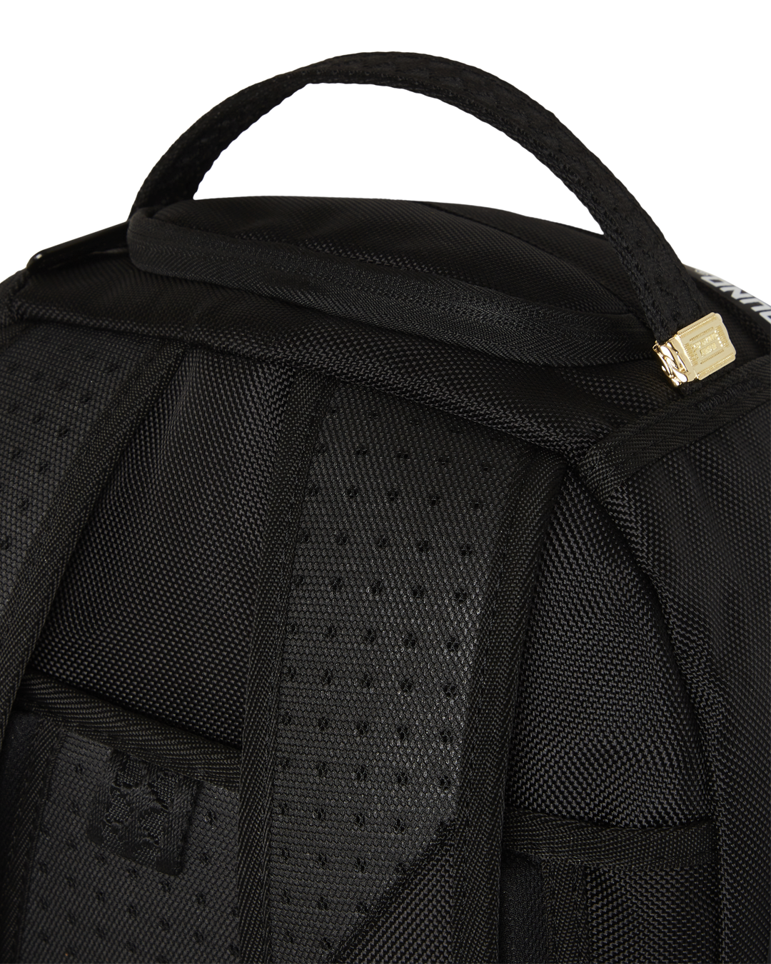 Sprayground Hero White Tape DLXR Backpack front view, highlighting its front zipper pocket and side pockets.