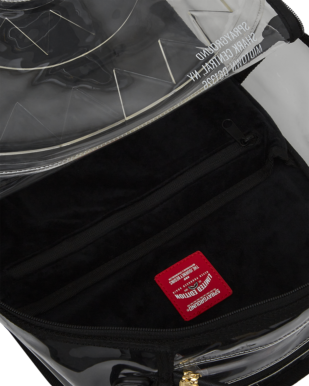 Side pockets and adjustable straps of the Shark Central clear backpack.