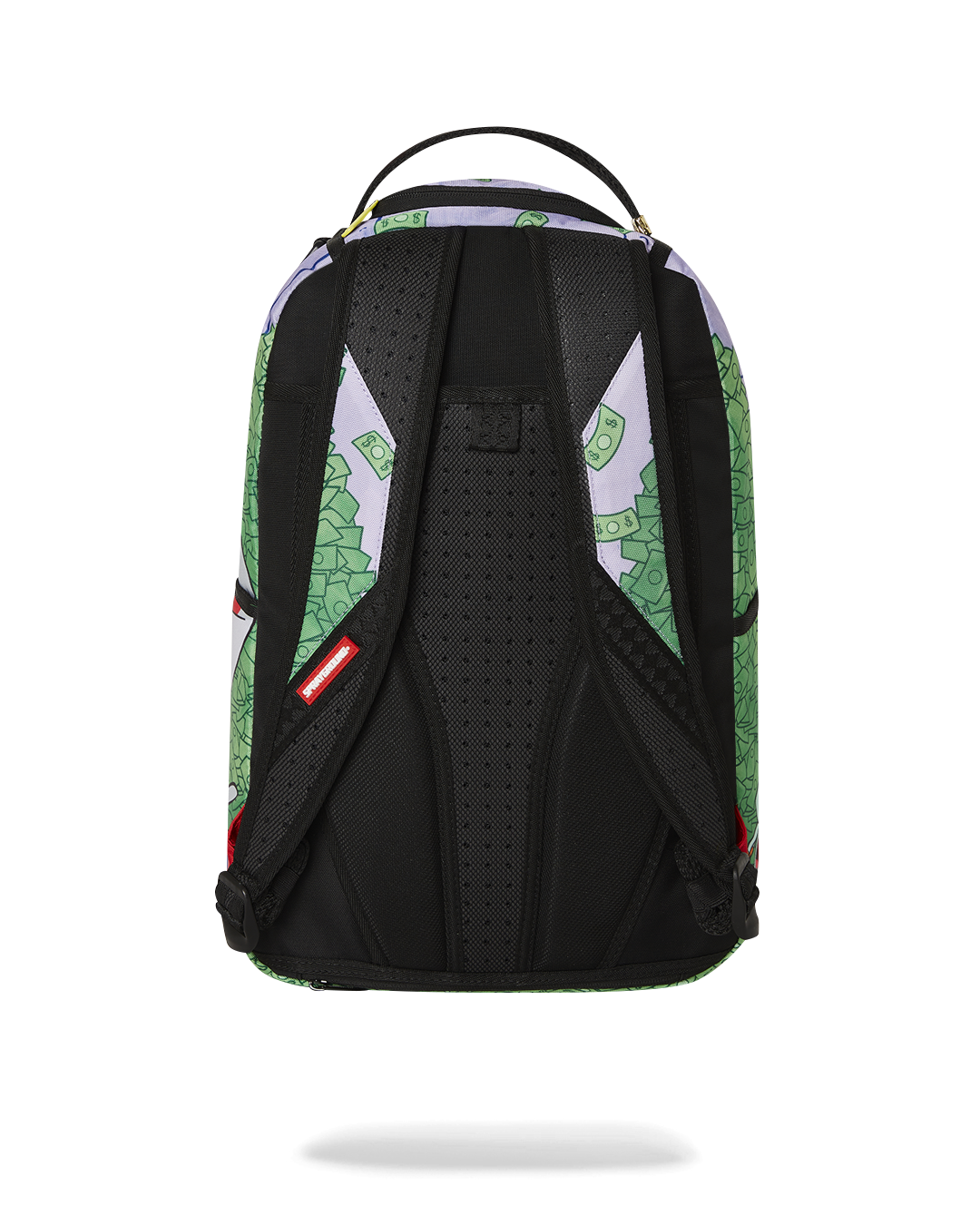 Front view of SpongeBob Deluxe Backpack showcasing multiple pockets and gold zippers.