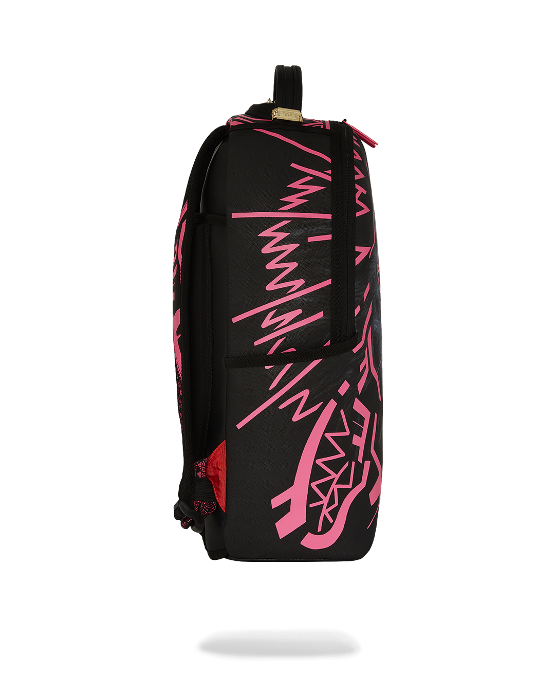 Side view of the Sandflower collab backpack with mesh padding and adjustable straps