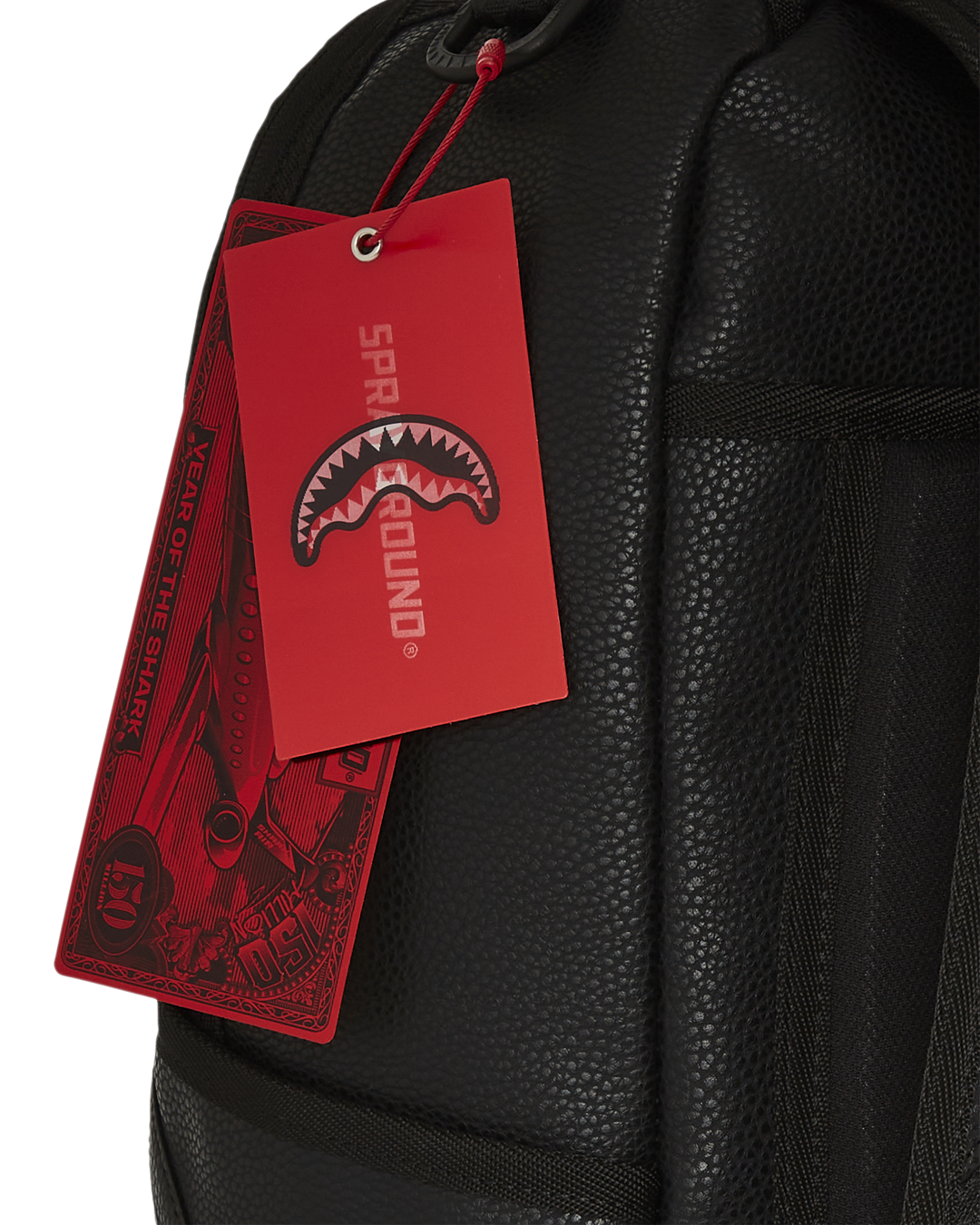 BAPE Shark backpack with faux leather finish and gold accents, front view