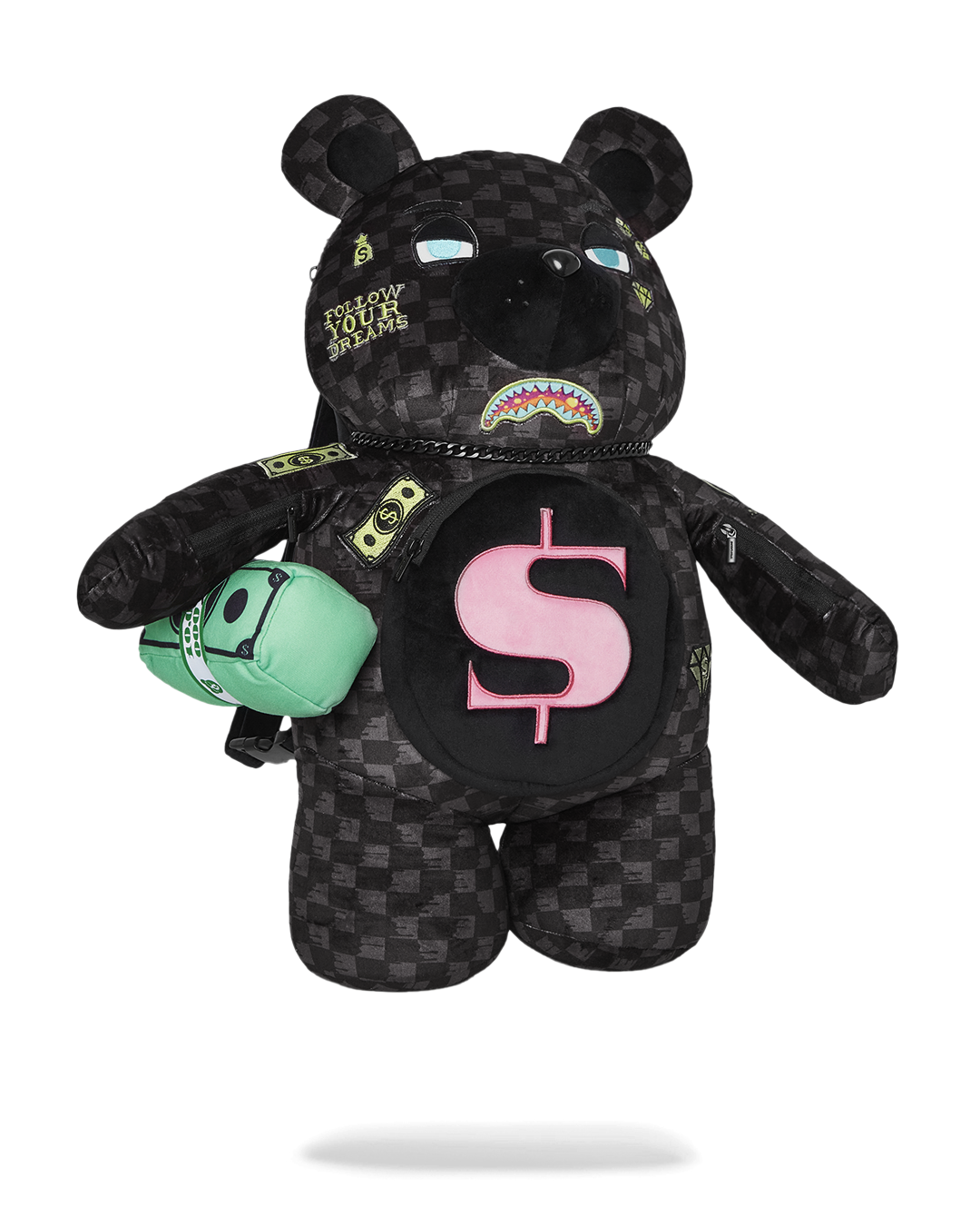 Back panel showing adjustable straps on the money bear backpack designed for kids.