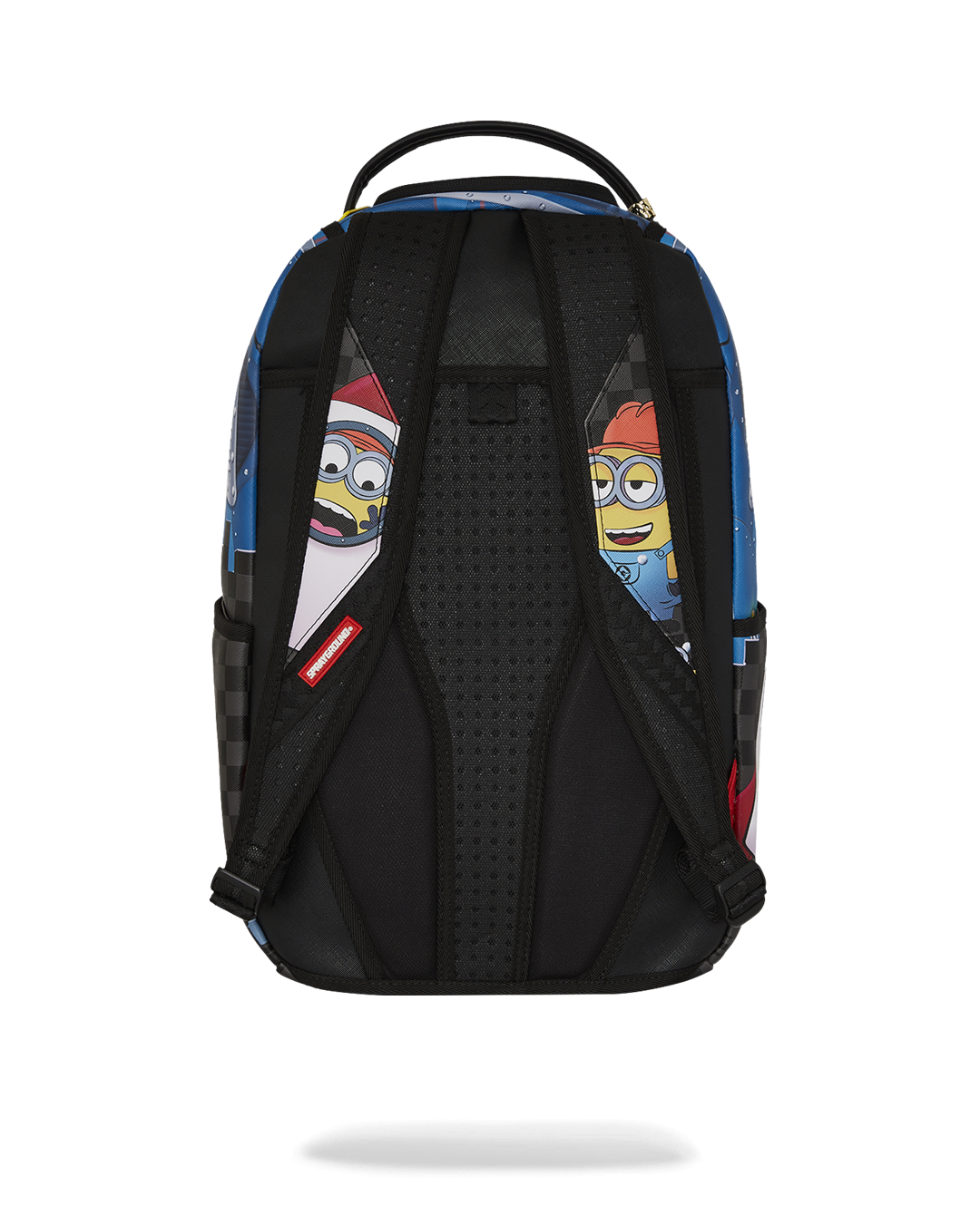 Front view of the Minions faux leather mini backpack, showcasing the zipper pocket and fun design.