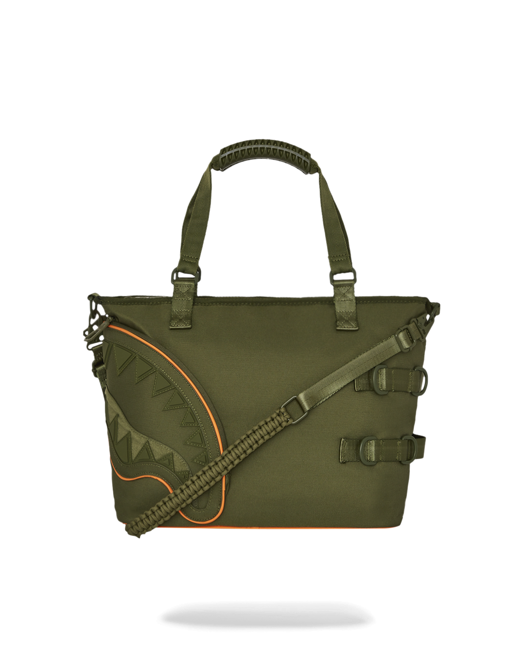 Close-up detail shot of shark print and metal hardware on tote
