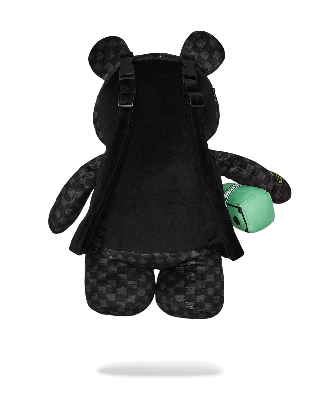 Front-facing view of sprayground teddy bear backpack limited edition featuring slime green accents.