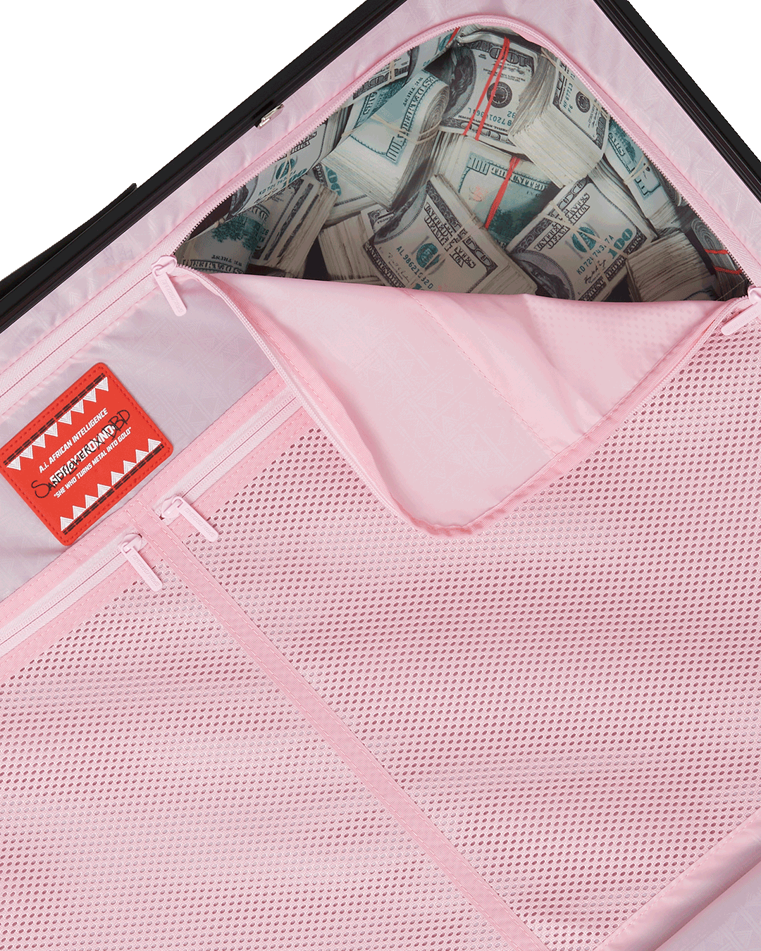 Luggage with designer luggage tags and TSA lock ready for airport travel