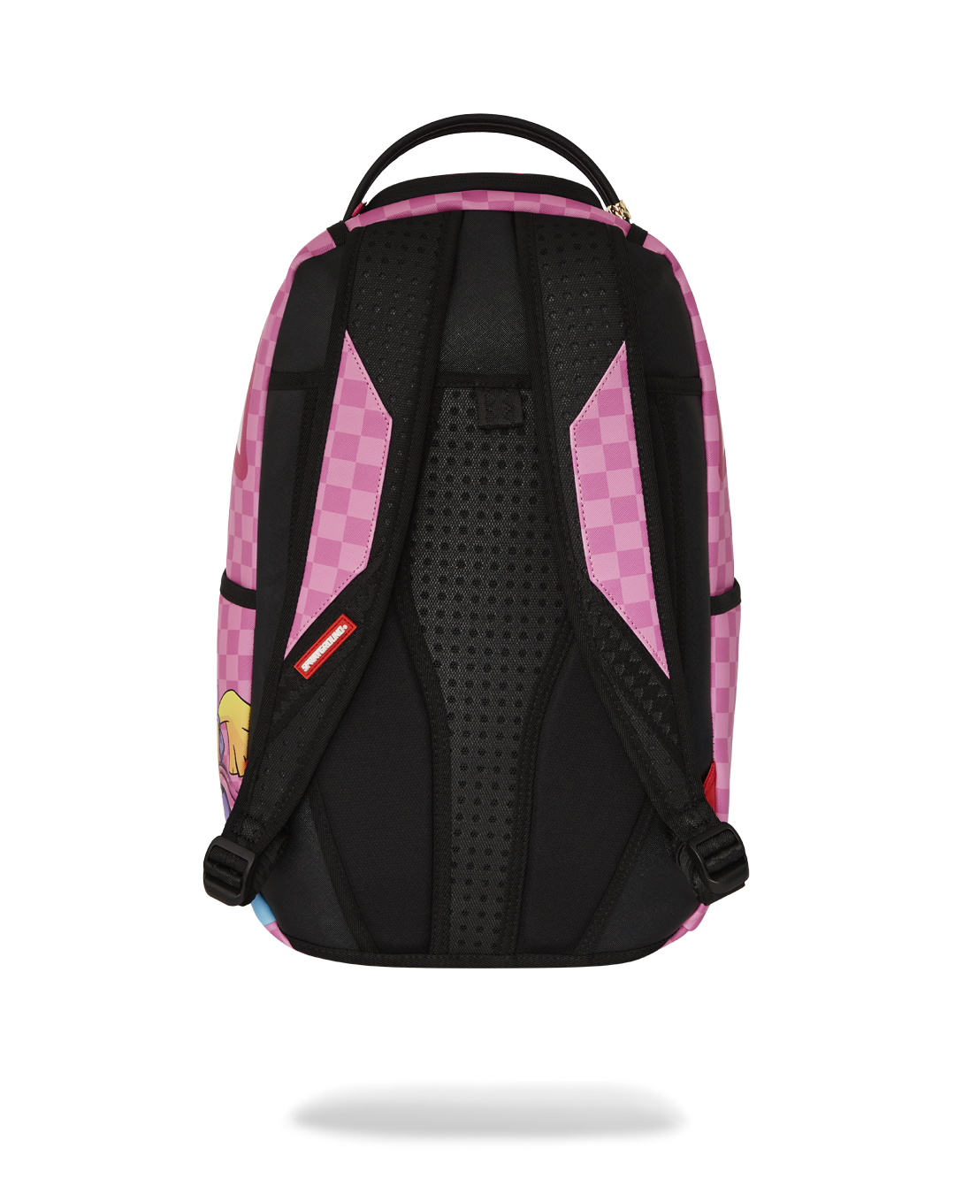 Front angle of Sprayground backpack pink DLXV with Rugrats print and gold zippers.