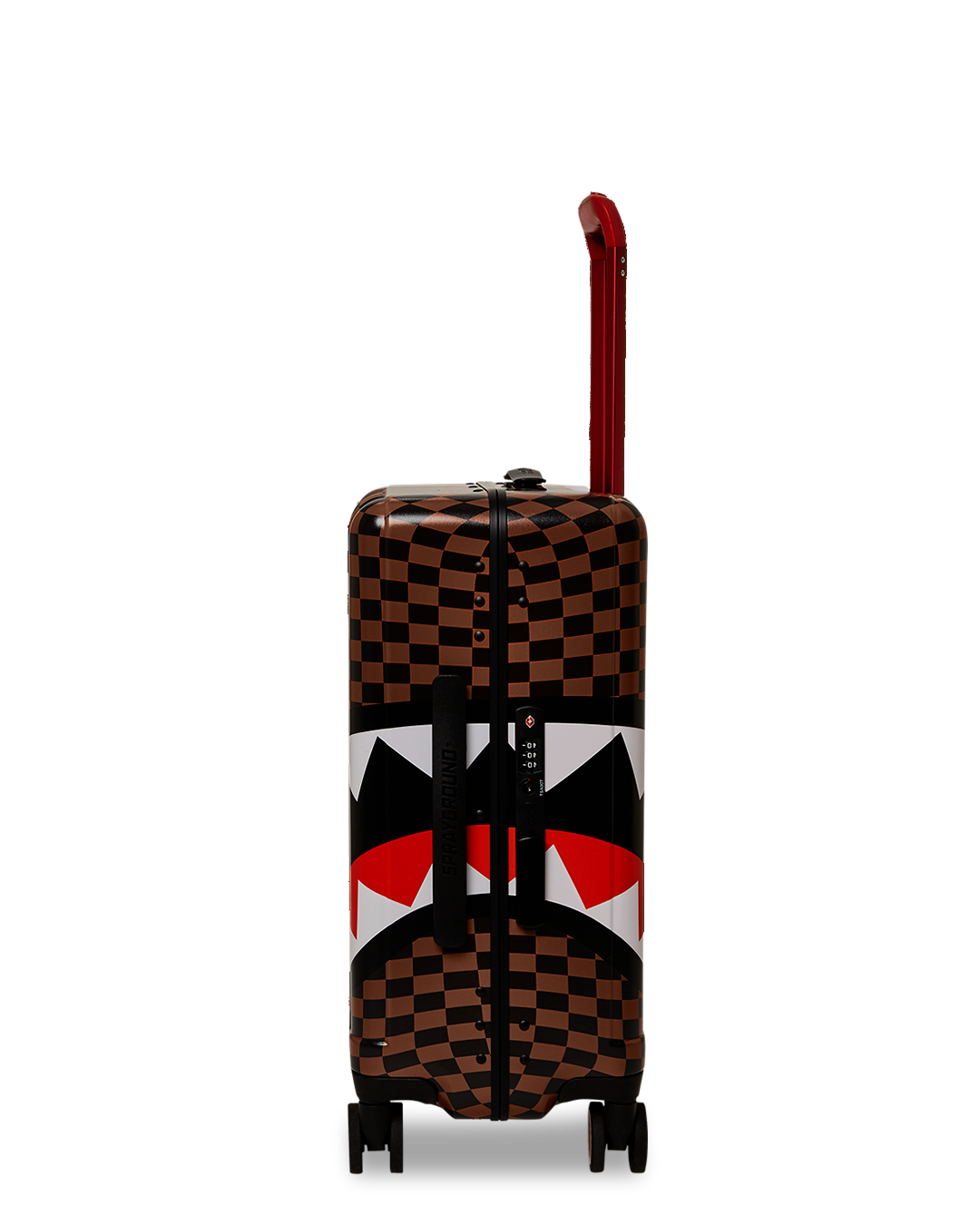 SHARKS IN PARIS GT polycarbonate carry-on luggage shown in travel mode with extended handle
