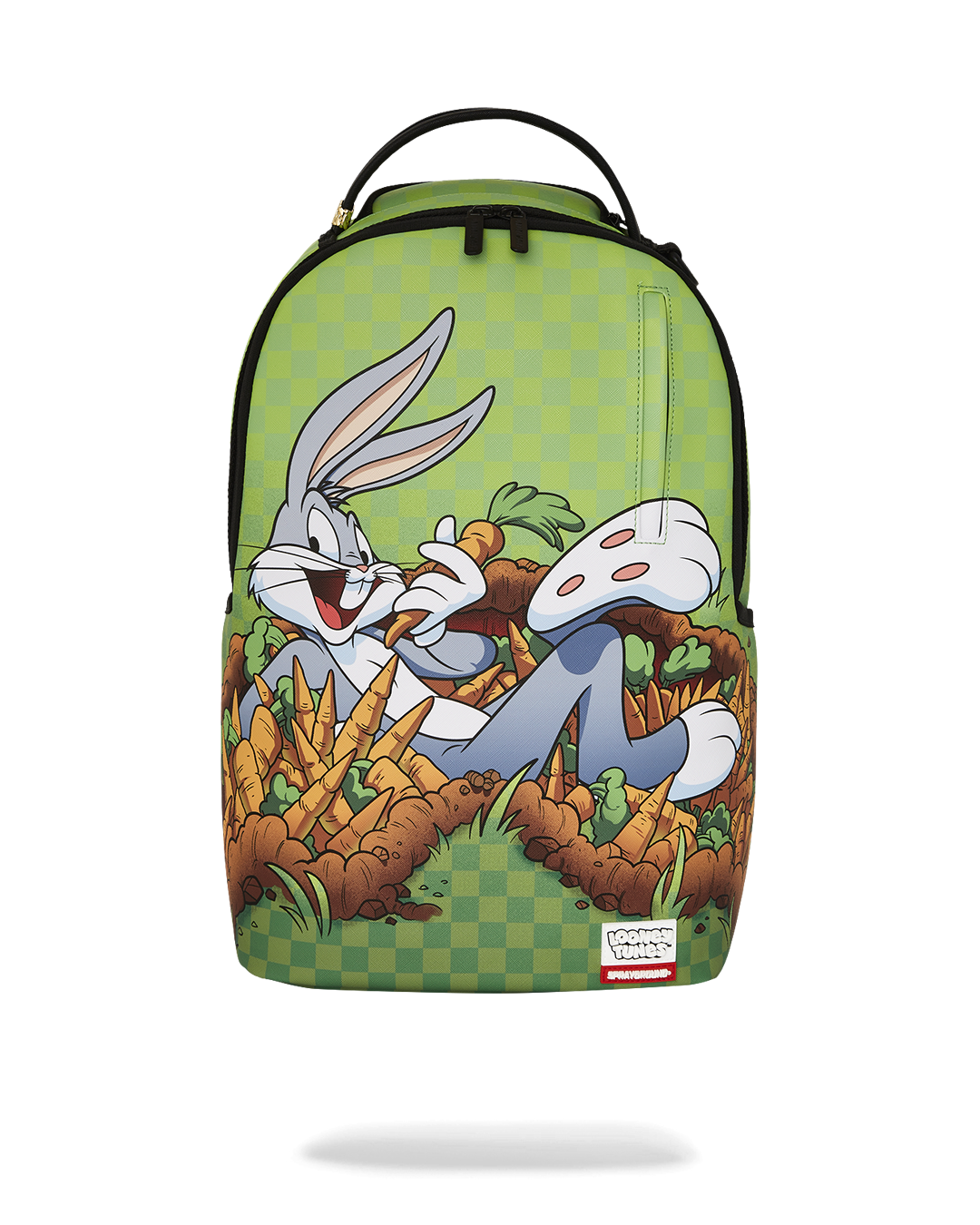 Bugs Bunny faux leather mini backpack front view showing gold zippers