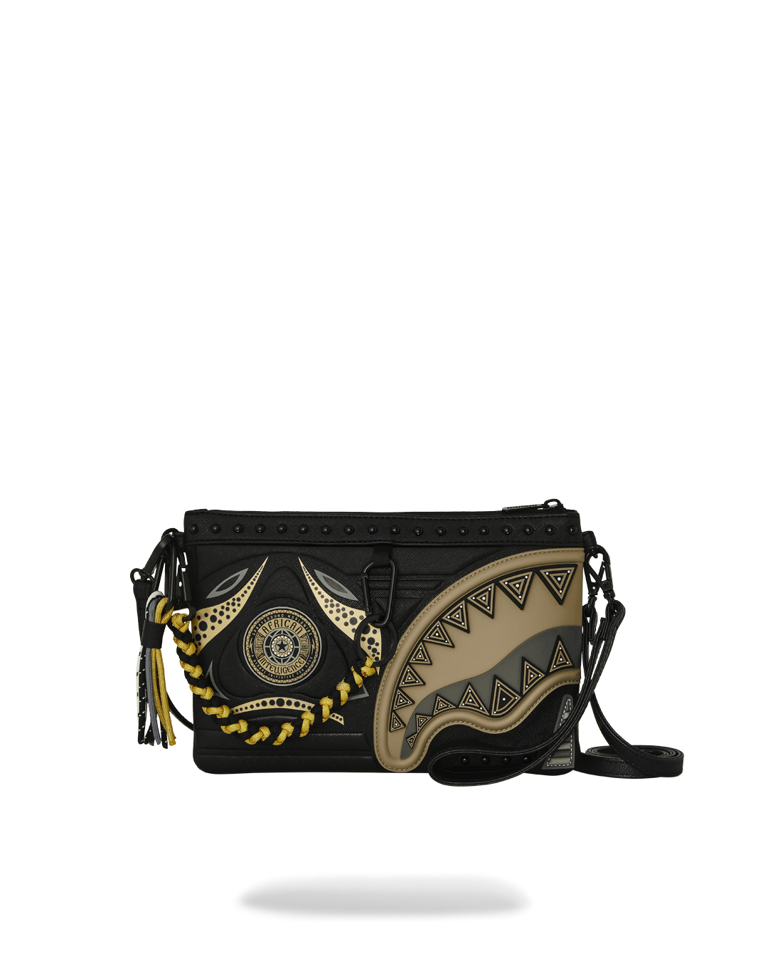 Front view of Sandflower collab crossbody bag showing shark motif