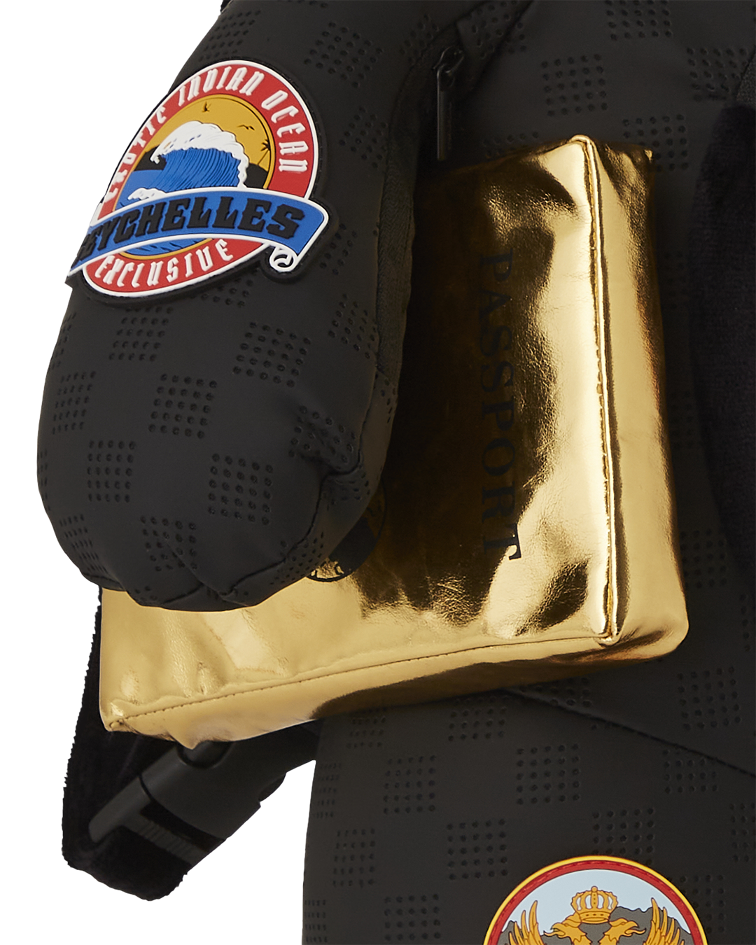 Front view of Sprayground teddy bear backpack showcasing Money Bear design and rubber accents