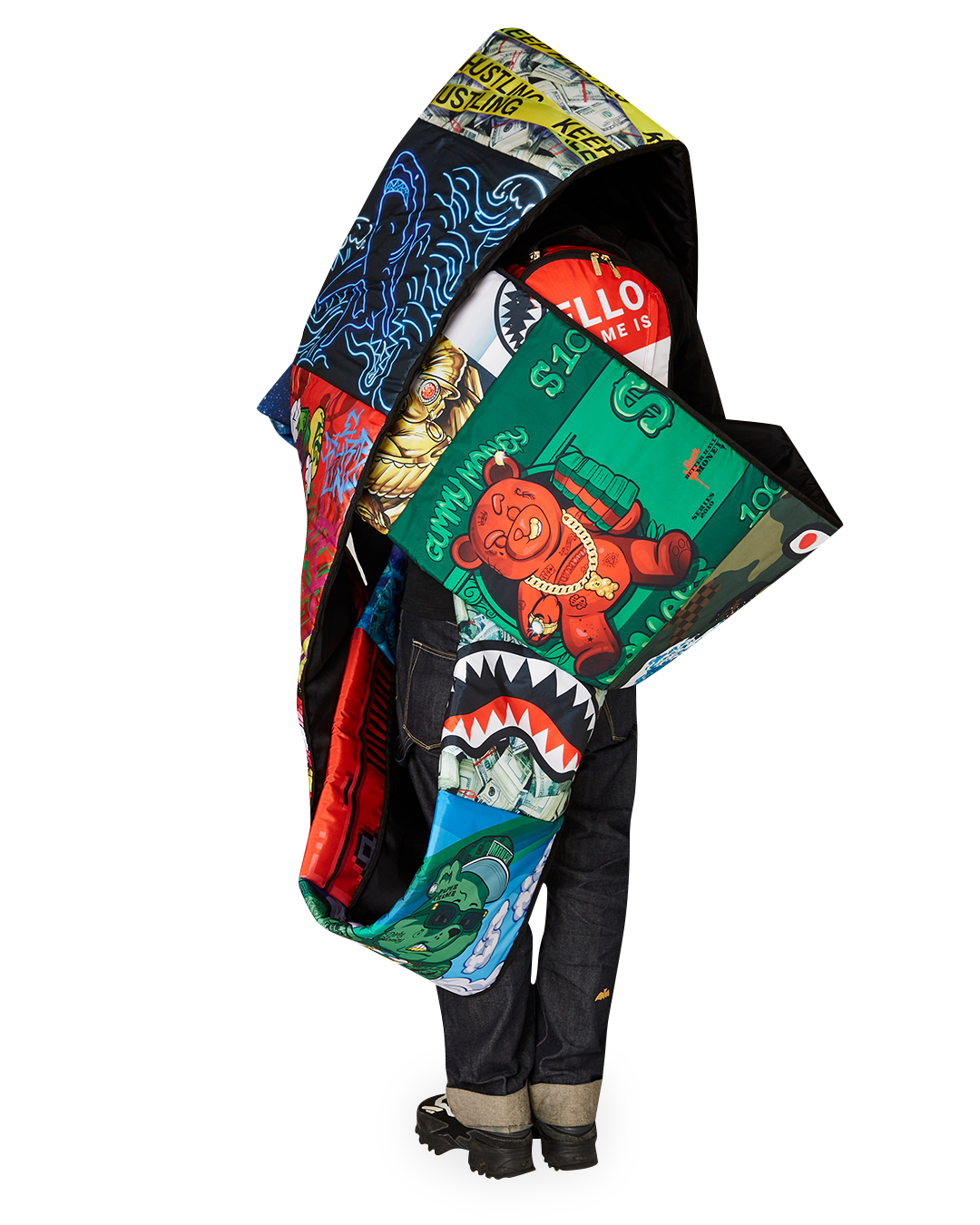 Front view of the limited edition Sprayground backpack with vibrant art designs.