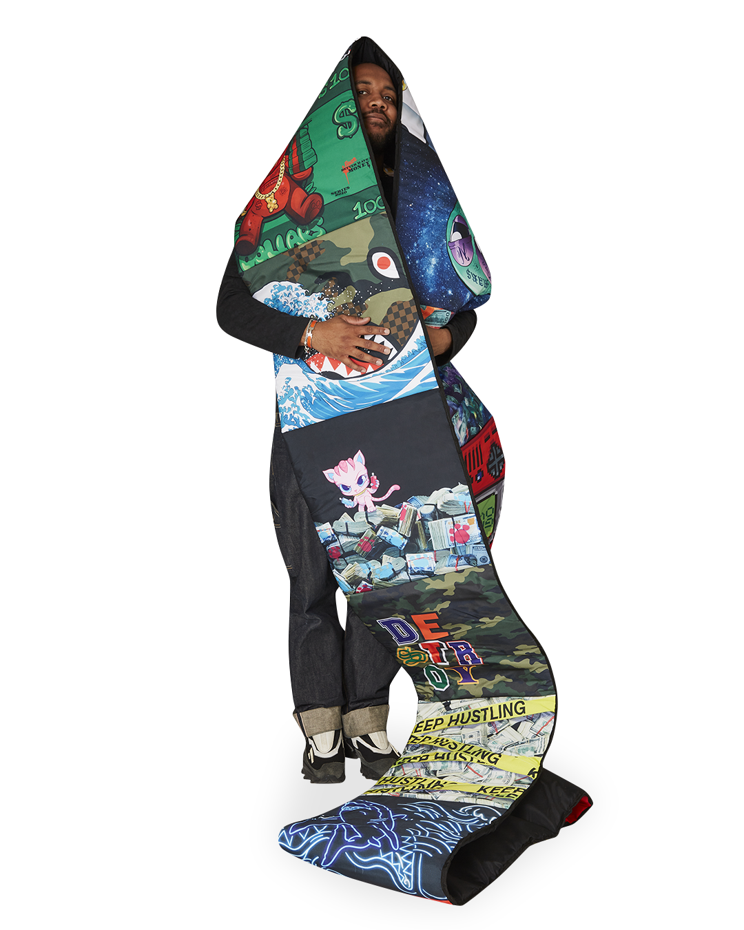 Front view of the limited edition Sprayground backpack with vibrant art designs.