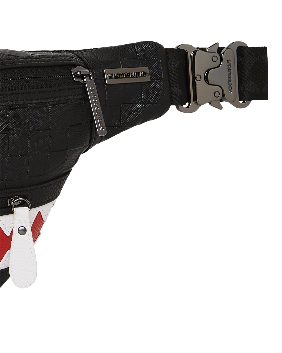 Side angle showing the adjustable strap and metal hardware