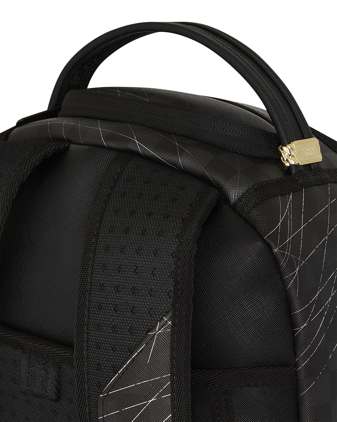 Front view of faux leather backpack with gem-encrusted spider puller, perfect for women on the go