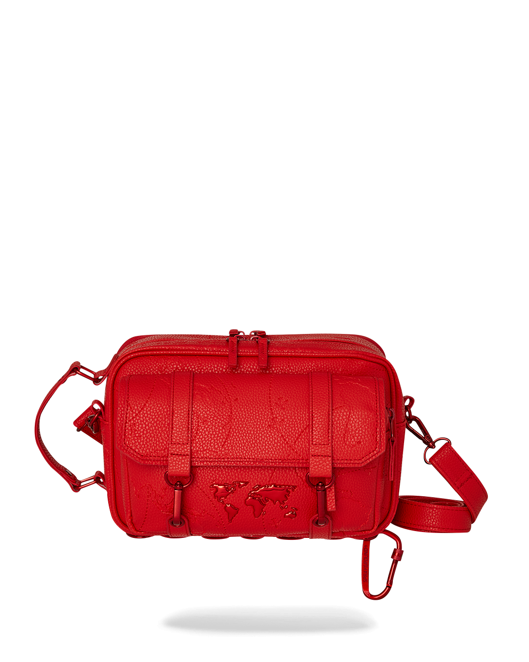 Front view showing red zippered pocket and metal hardware on the crossbody bag.
