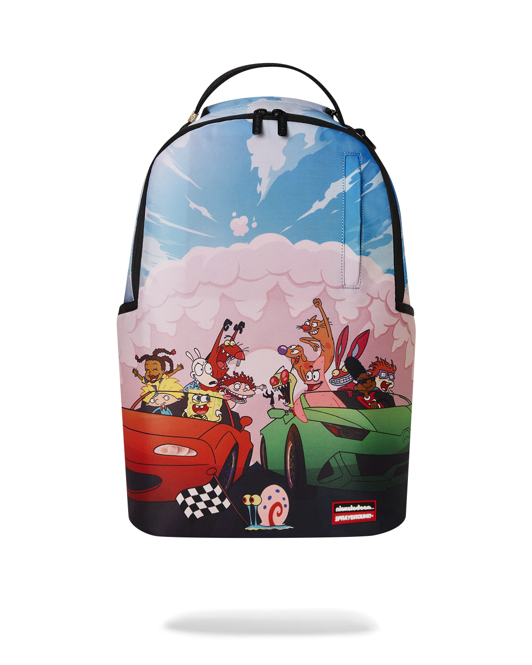 Front view of the retro cartoon backpack with vibrant 90s Nick Toon print.