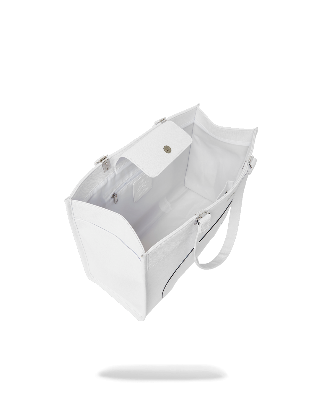 Stylish faux leather tote showcasing interior pockets and design.