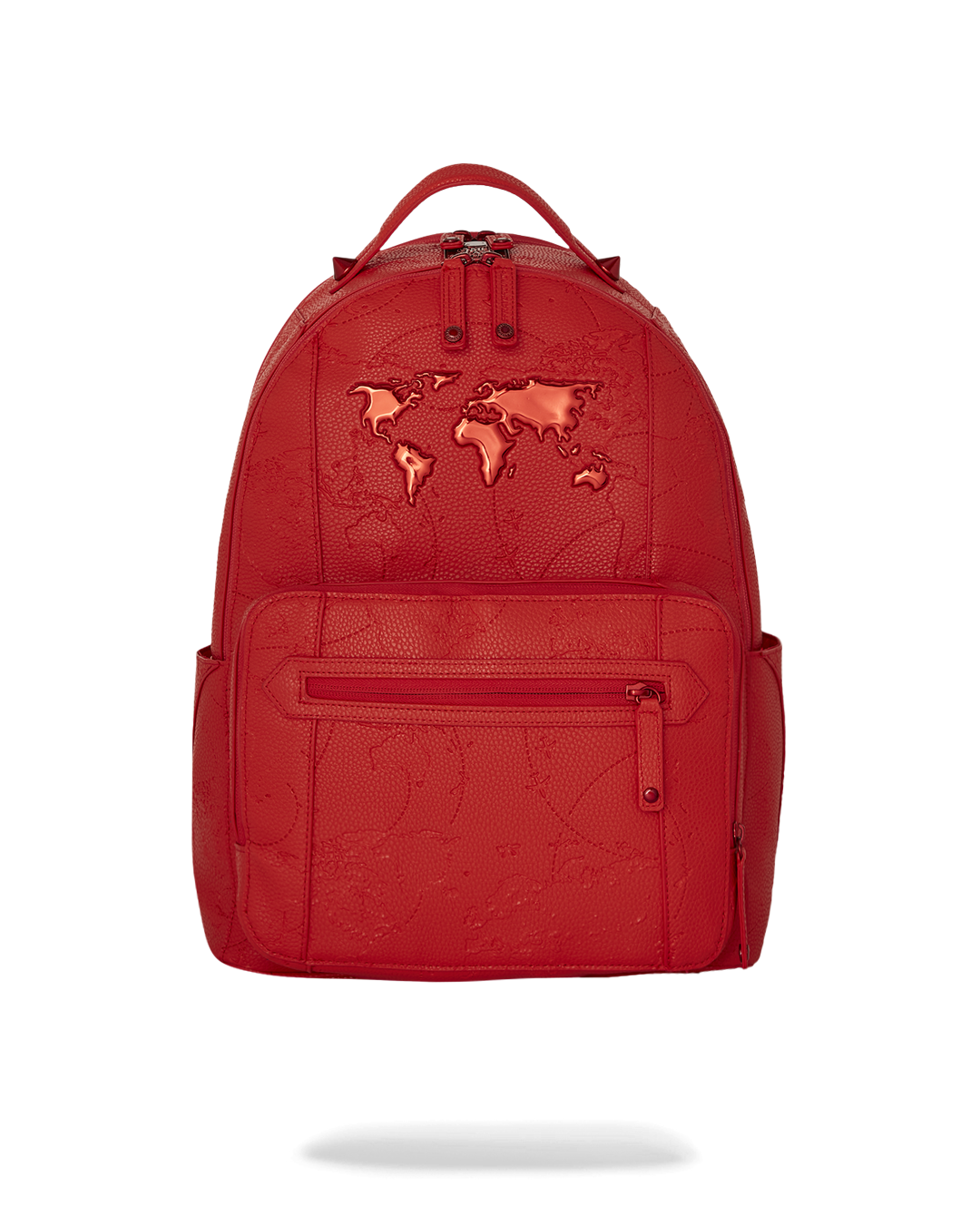 Front view of the ruby red vegan leather backpack with metal zippers