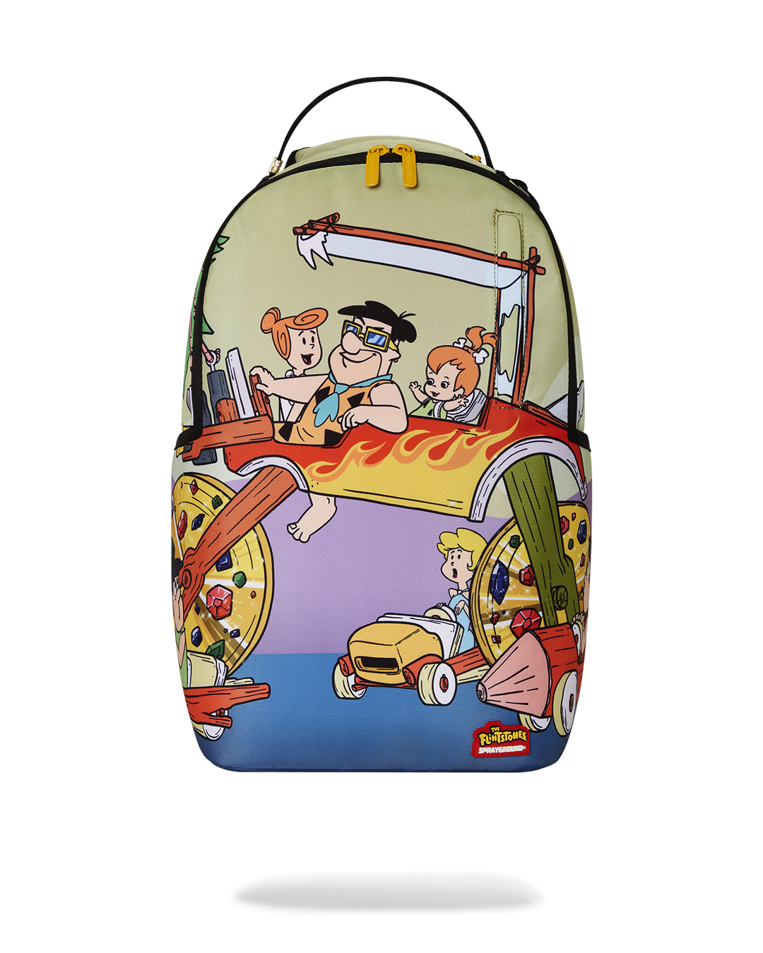 Backpack front view showing gold zipper and side compartments