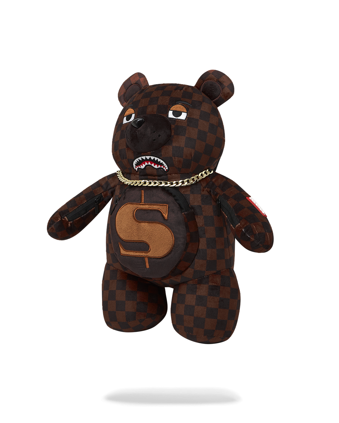 Front view of the clear sprayground backpack with shark design and removable bear accessory