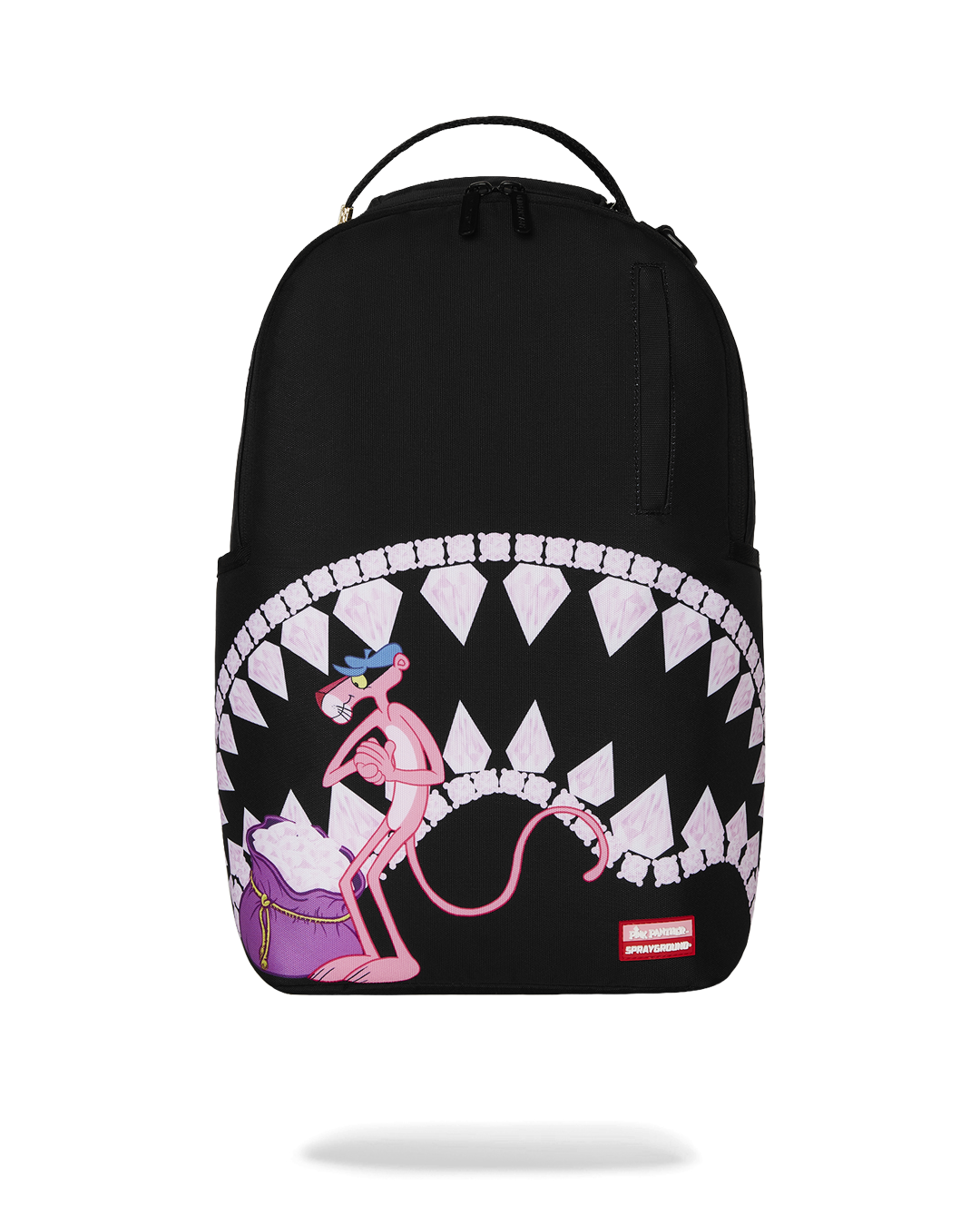 Front view of Sprayground pink diamond backpack showing zippered pockets and adjustable straps
