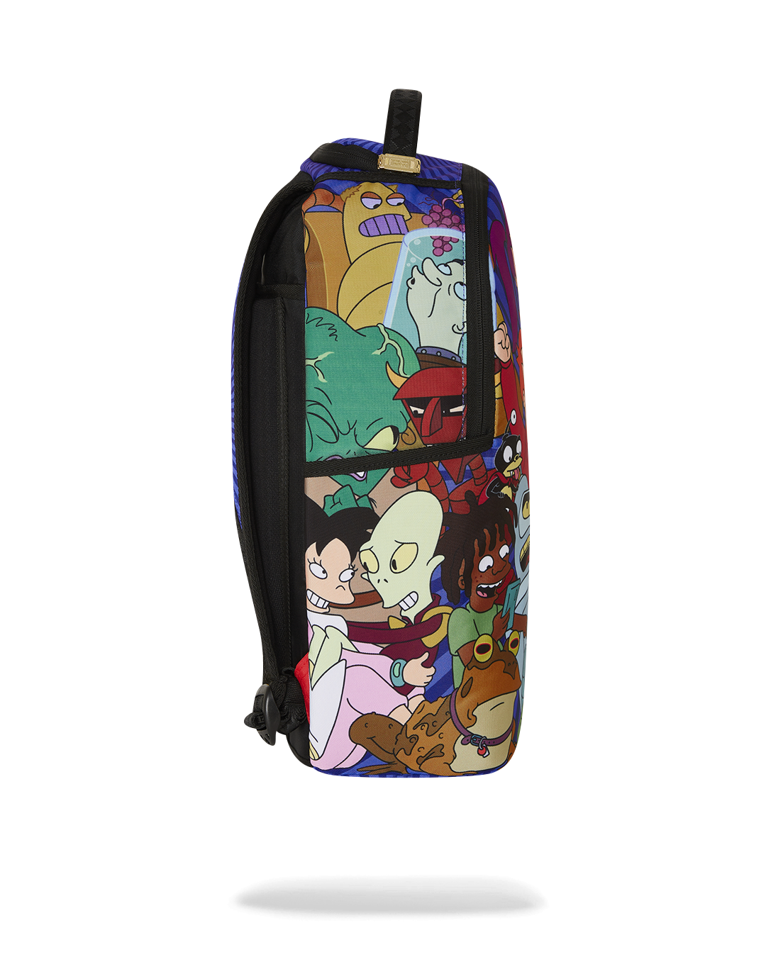 Backpack side view showing adjustable straps and luggage pass-through